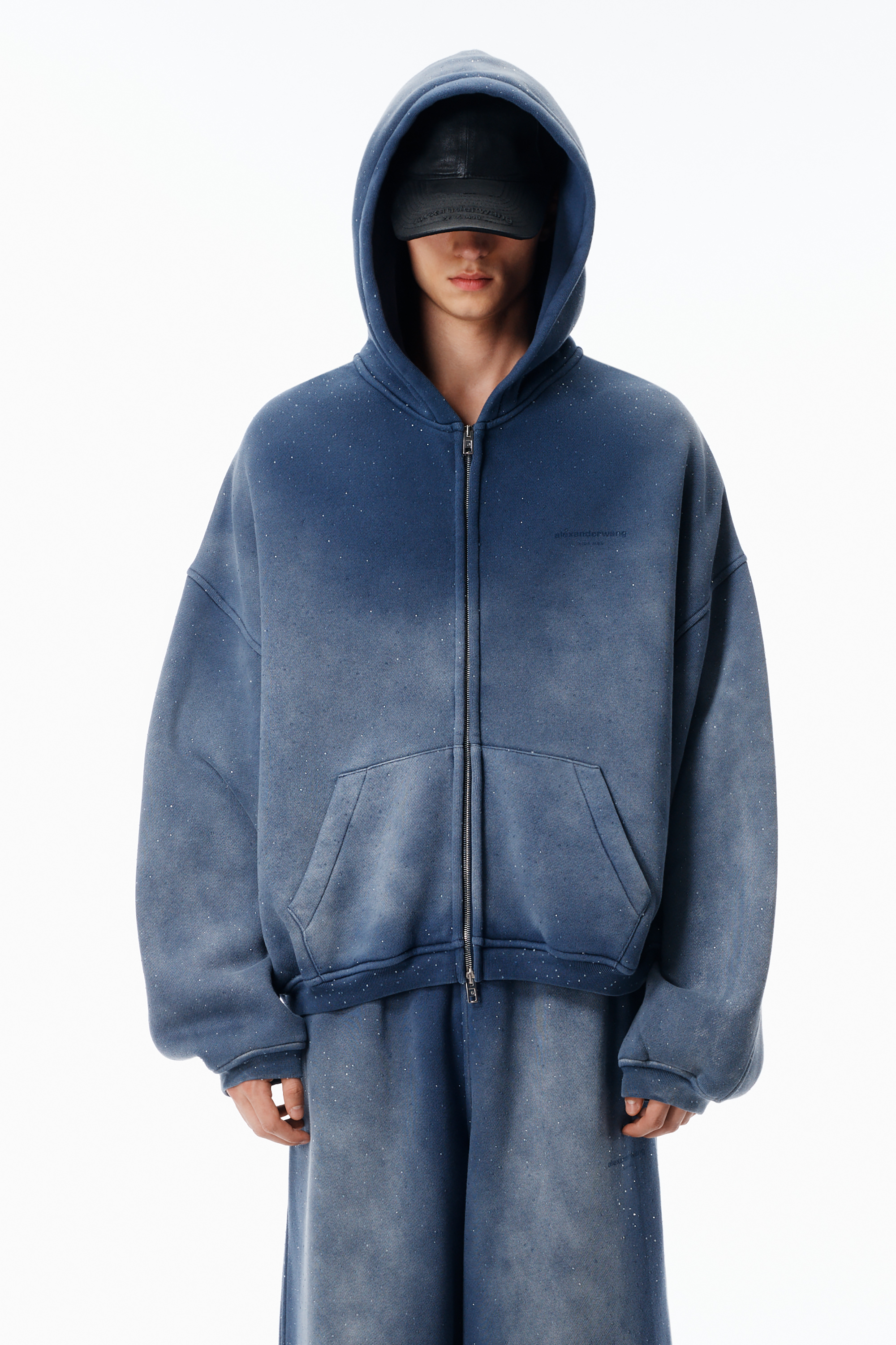 Unisex Crystal Hotifx Zip-Up Hoodie in Cotton Blend in WASHED NAVY