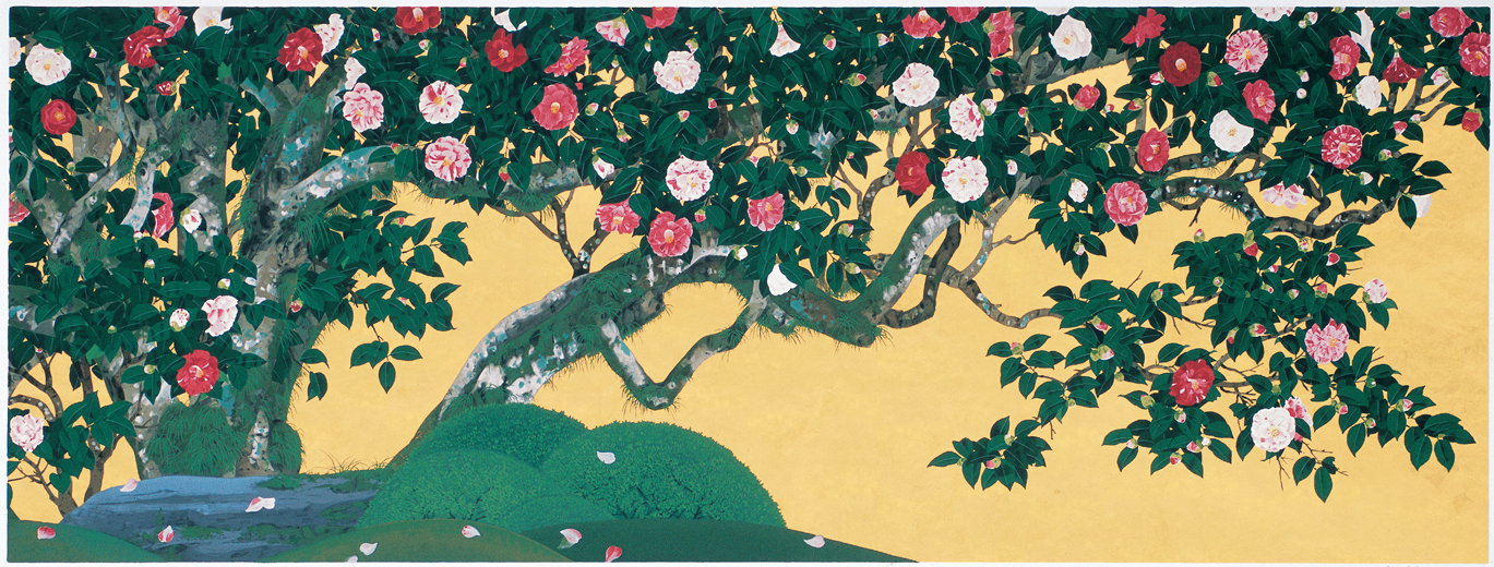 森田りえ子大型日本画版画「柊野五色椿」Japanese シルクスクリーン