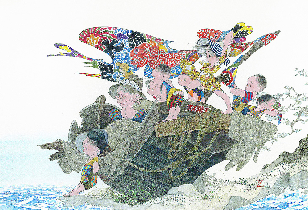 正月の漁村」'68 F12 油絵 絵画 油彩画 日本 日の丸 国旗 正月の漁村