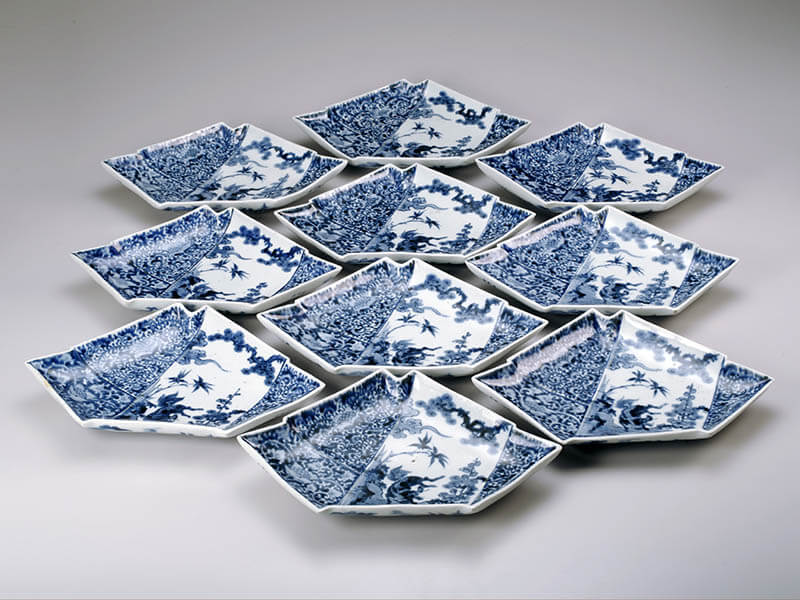 江戸中期 古伊万里 染付竹林文長皿 奇跡の十客！ 笹葉部型紙摺 古美術