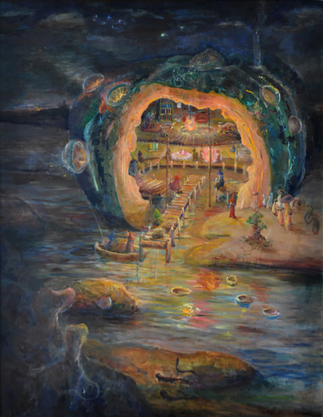 真作】絵画 油彩（板絵） 貝殻の記憶 幻想的モチーフと重厚な質感