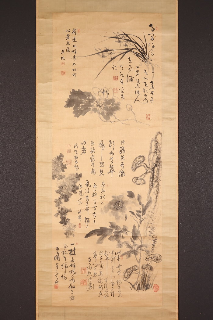 真作】田能村直入/湖舟画賛席上画/山水図/掛軸/名家伝来/AC-