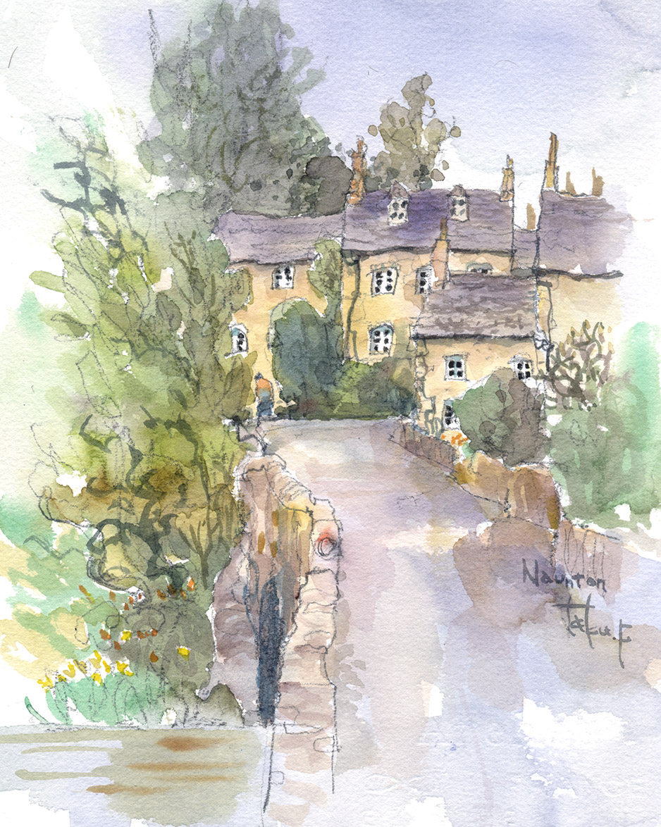 古風な街灯の立つ街並み」水彩画・風景画・イギリス・コッツウォルズ