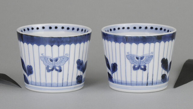 387 古伊万里大振染付菖蒲草花八橋図蕎麦猪口 無傷美品