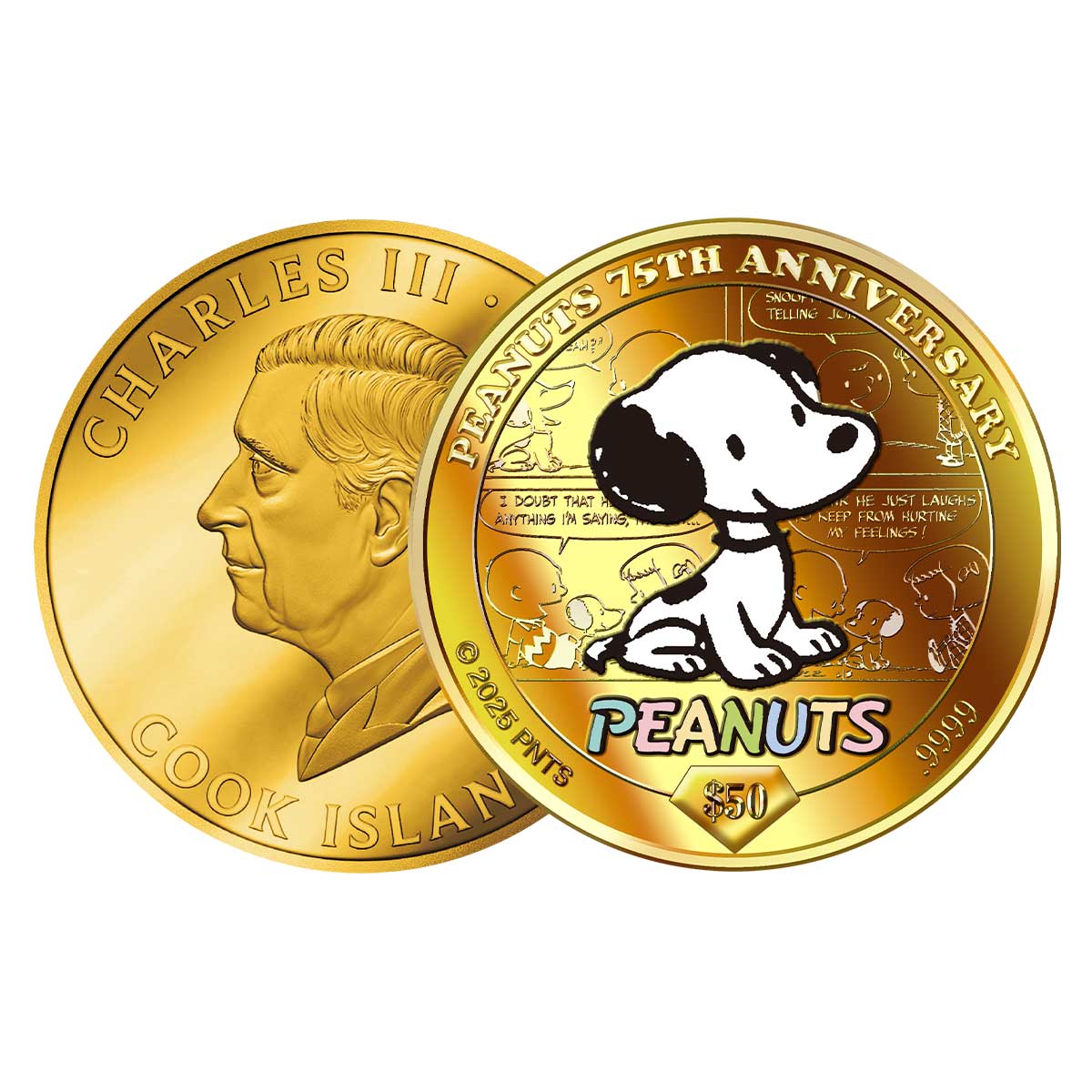 ピーナッツコミックのダイヤモンド・ジュビリーをお祝いする金貨と銀貨