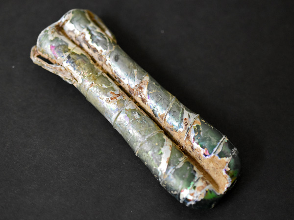 2105】古代ローマングラス美銀化二連細長瓶(長さ約10.7Cm)【とんぼ玉