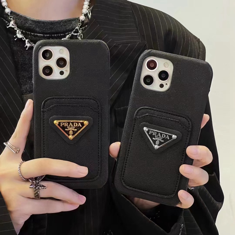 Pradaアイフォン14pro max/14plusケース ブラック カード収納 プラダ