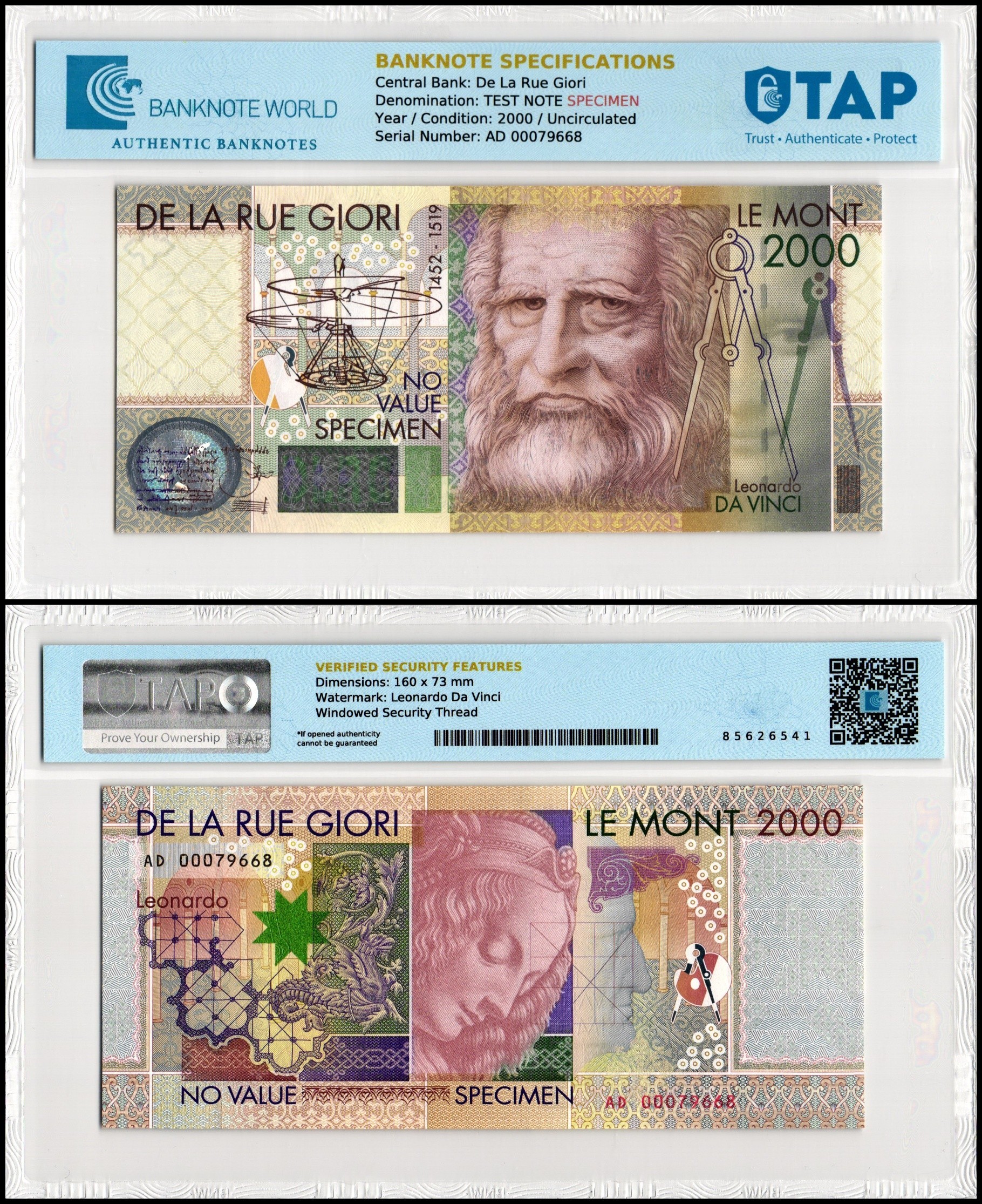 De La Rue Giori 2,000 Leonardo da Vinci Test Note, 2000, UNC