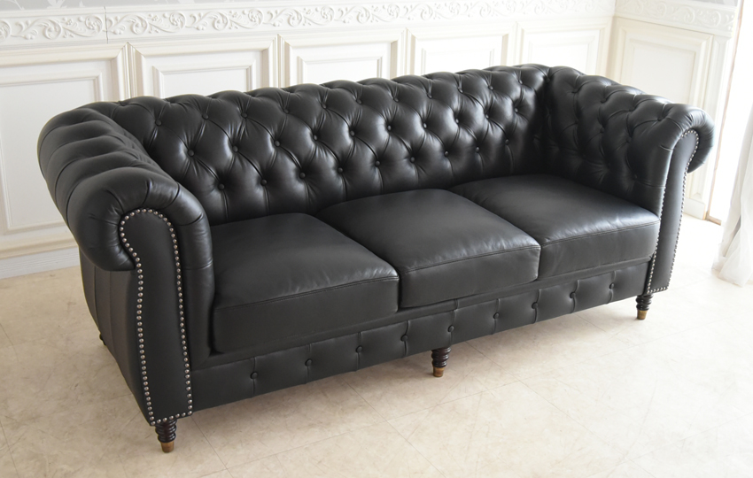 ドイツ製 本革使用 チェスターフィールドソファ 3P ブラック 幅200
