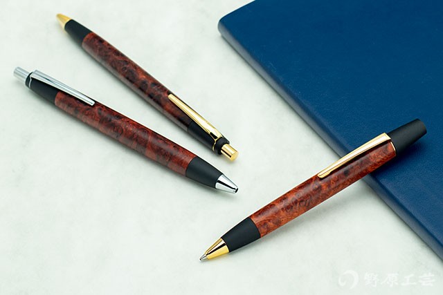 野原工芸 サペリ杢 縮杢 木軸ペン シャーペン シルバークリップ 切々と