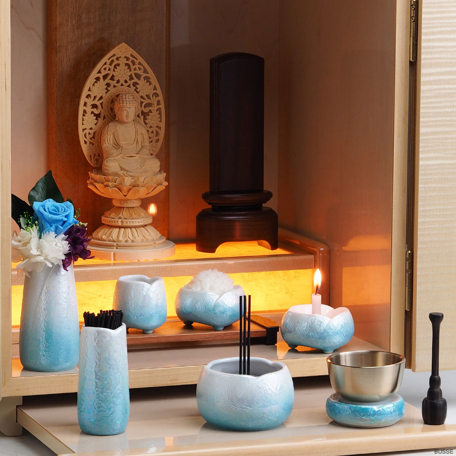 仏具 セット やわらぎ ラスターブルー 小サイズ 7点 小さいお仏壇の