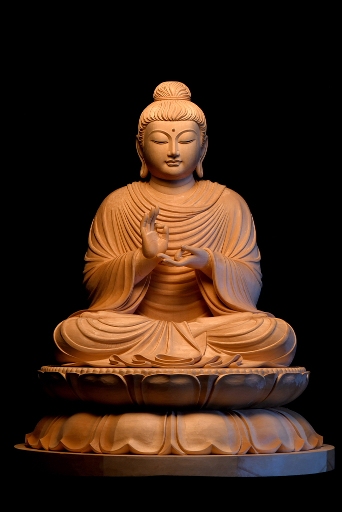 釈迦如来坐像 3寸 #334 像のみ 金彩無 お釈迦さま ◇白檀 木彫 仏像 釈迦