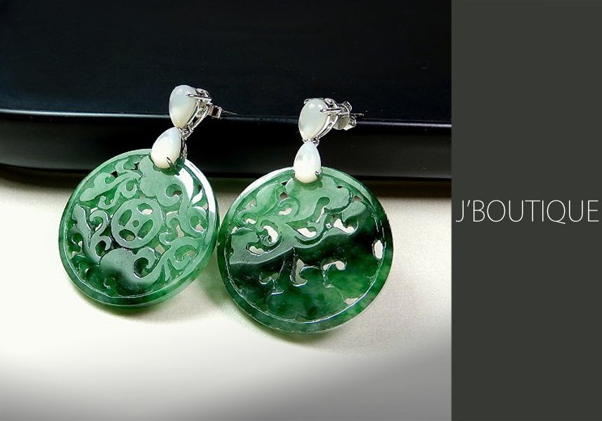 ミャンマー産天然無処理翡翠 吉祥 透かし彫り ジュエリー ピアス 艶緑