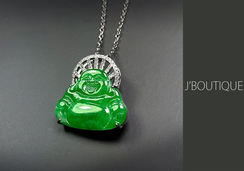 ミャンマー産天然無処理翡翠 仏像 布袋様 ジュエリー ペンダント 翠緑