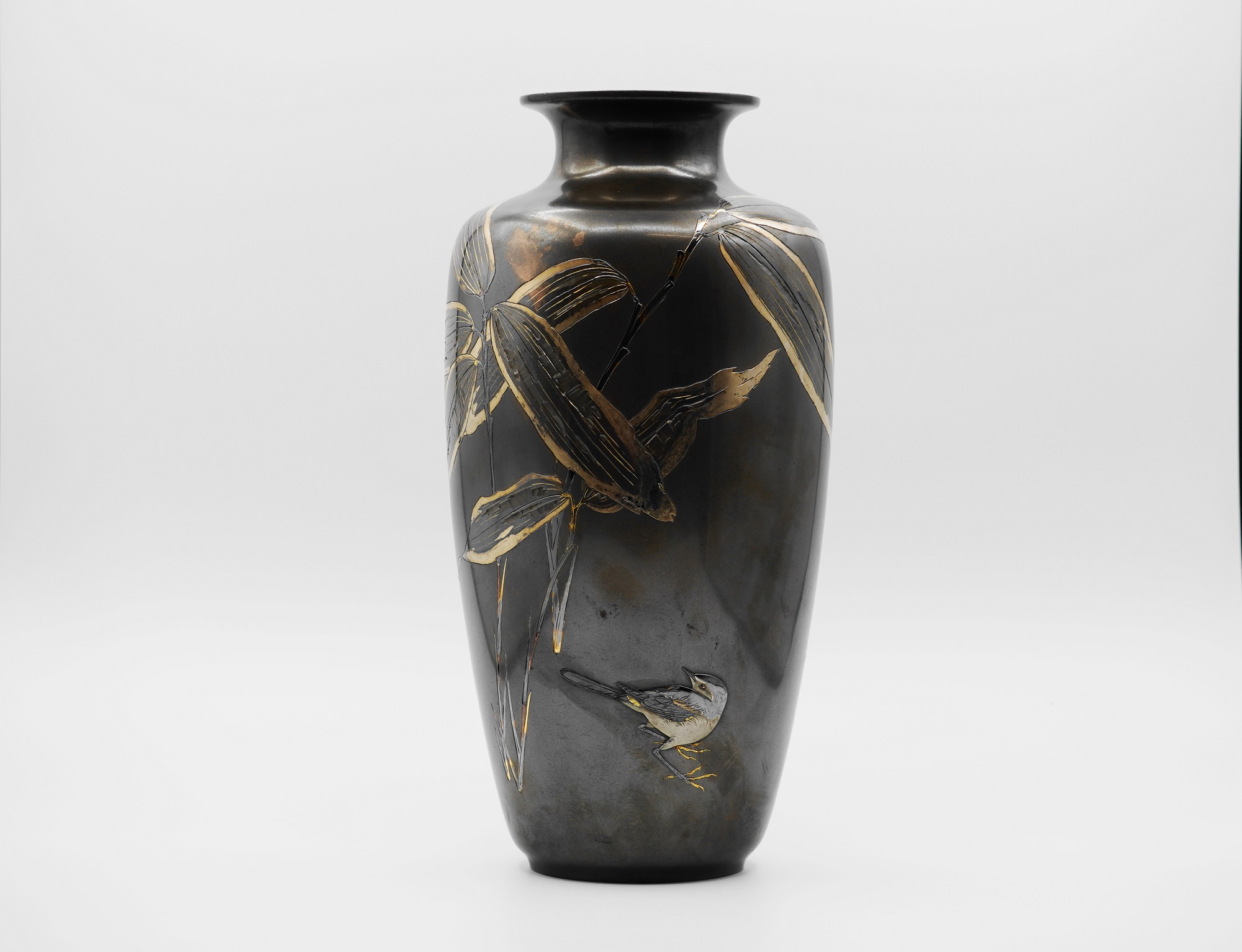 2643 高岡銅器 銅花瓶 希少 金銀象嵌 鳥花文図 2643 高岡銅器 銅花瓶