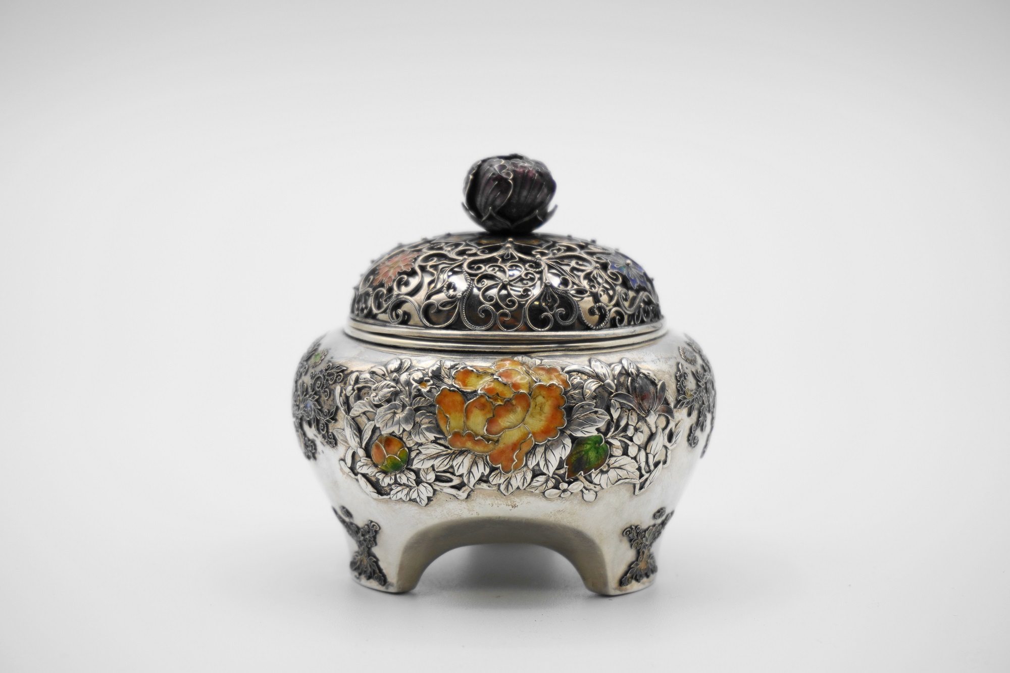 明治期 銅製 七宝焼金工細工『花唐草文』香炉 塗金 双耳透かし蓋 獅子