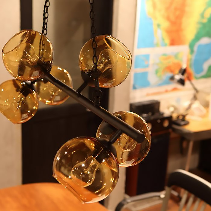 BIARRITZ-AMBER6 6灯ペンダントライト・アンバーガラス｜ブラック