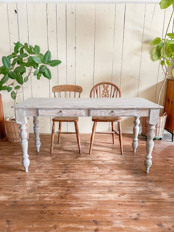 ヨーロッパアンティーク シャビー テーブル 机 ブルーペイント デスク