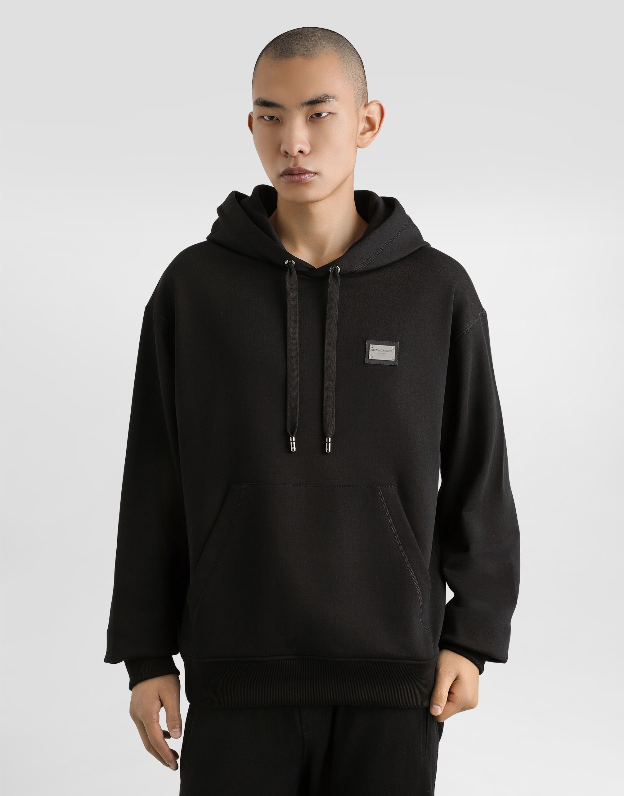 Jersey hoodie with branded tag in Black for Men | Dolce&Gabbana® US