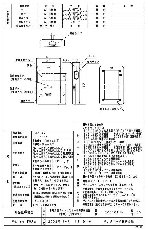 ECE1611K パナソニック ワイヤレスコール携帯受信器 【本体】 小電力型