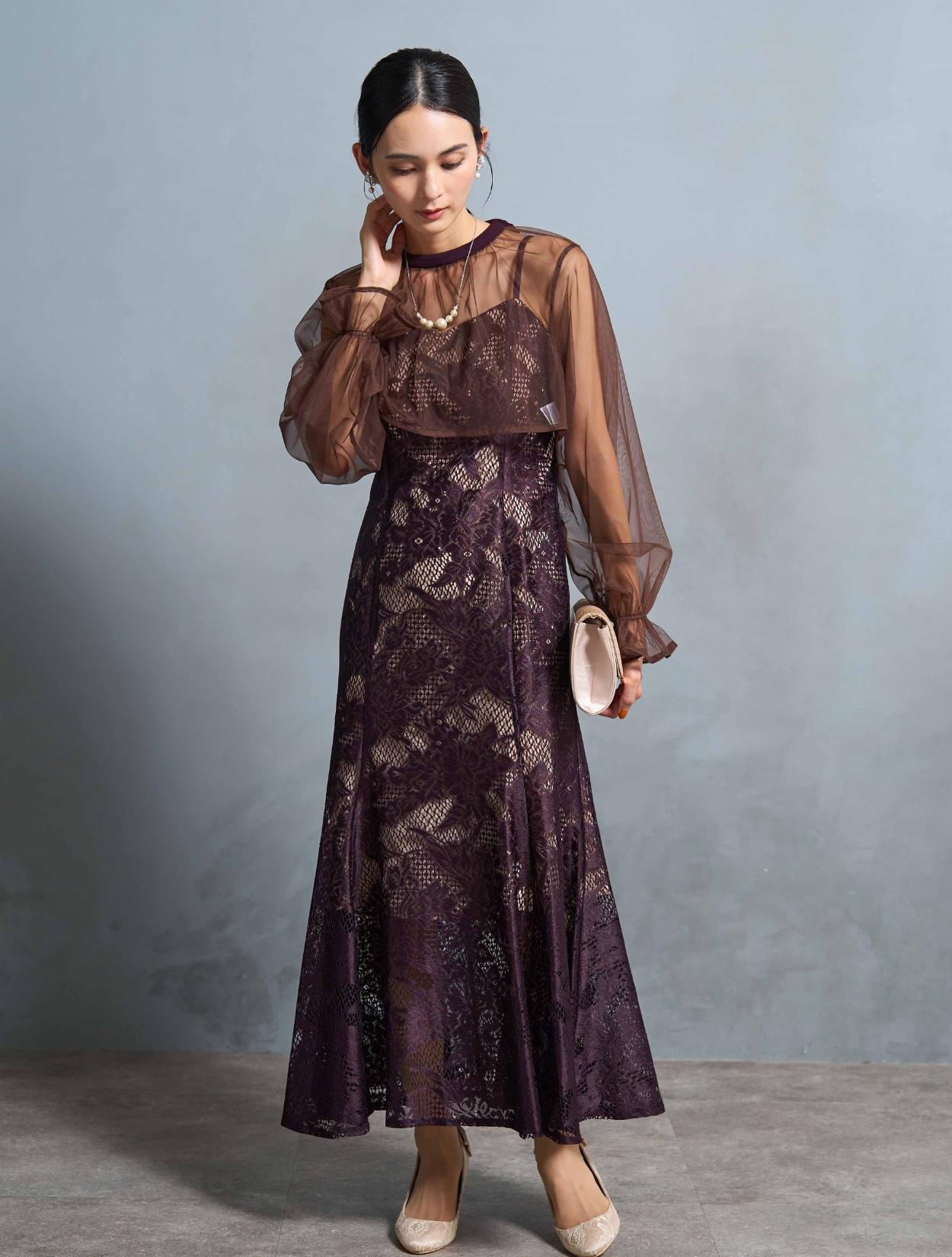 M/L】シアーブラウス付きマーメイドドレス（ブラウン）DPSET0672の