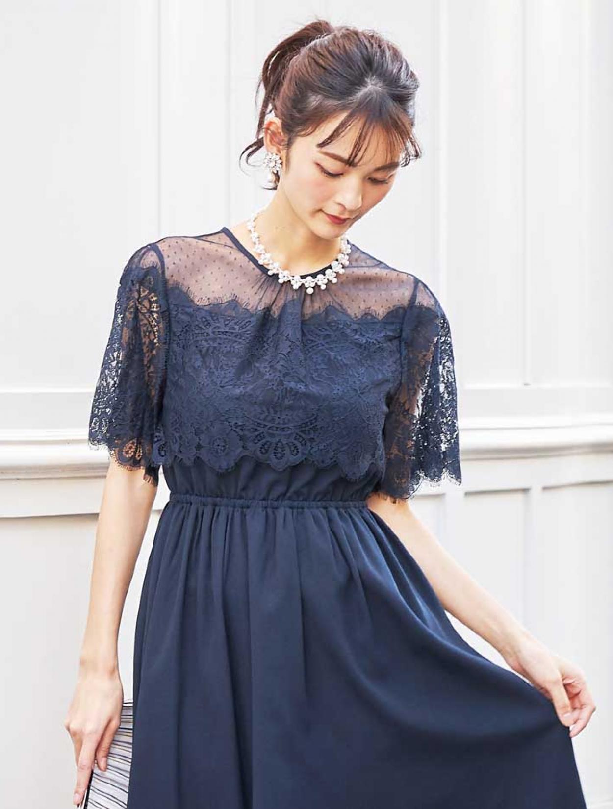 M】ドットチュールハイウエストドレス（ネイビー）DPSET0294のレンタル