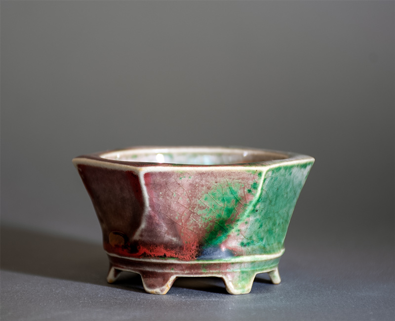 350.荞麦釉飾足六角鉢 盆栽鉢 植木鉢 14*15*5cm 350.