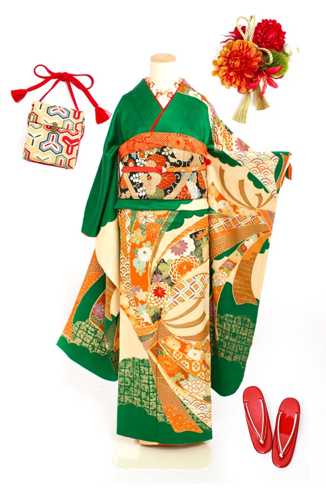 振袖セット緑色とオレンジ色の花柄 振袖フルセット 鮮やかな振袖 オレンジ