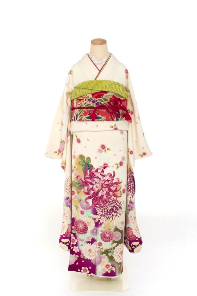 桜】振袖・白 牡丹色 アンティーク風菊紋 No.F17 / 縁 -enishi-