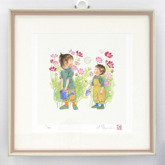 送料無料）【刷込みサイン・落款入り版画】 林明子 コスモスと二人