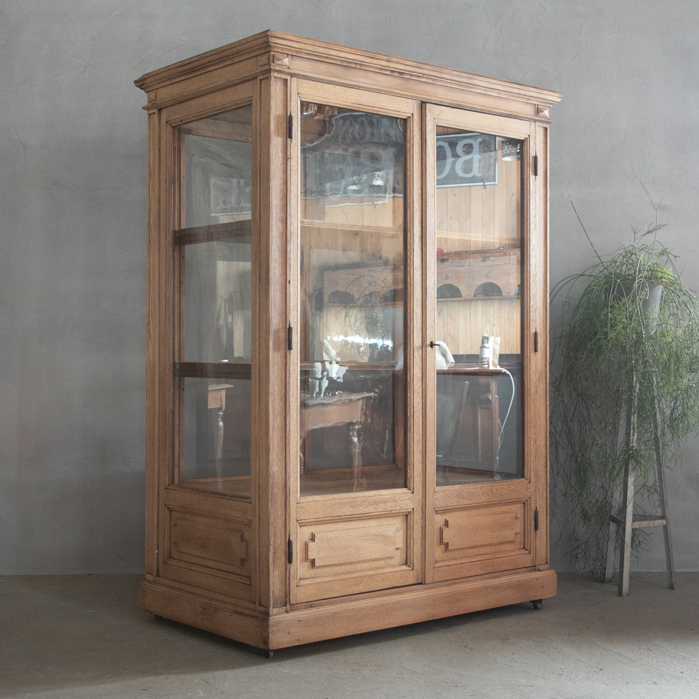 展示品】ヴィンテージ 木製 ガラスキャビネットグレー