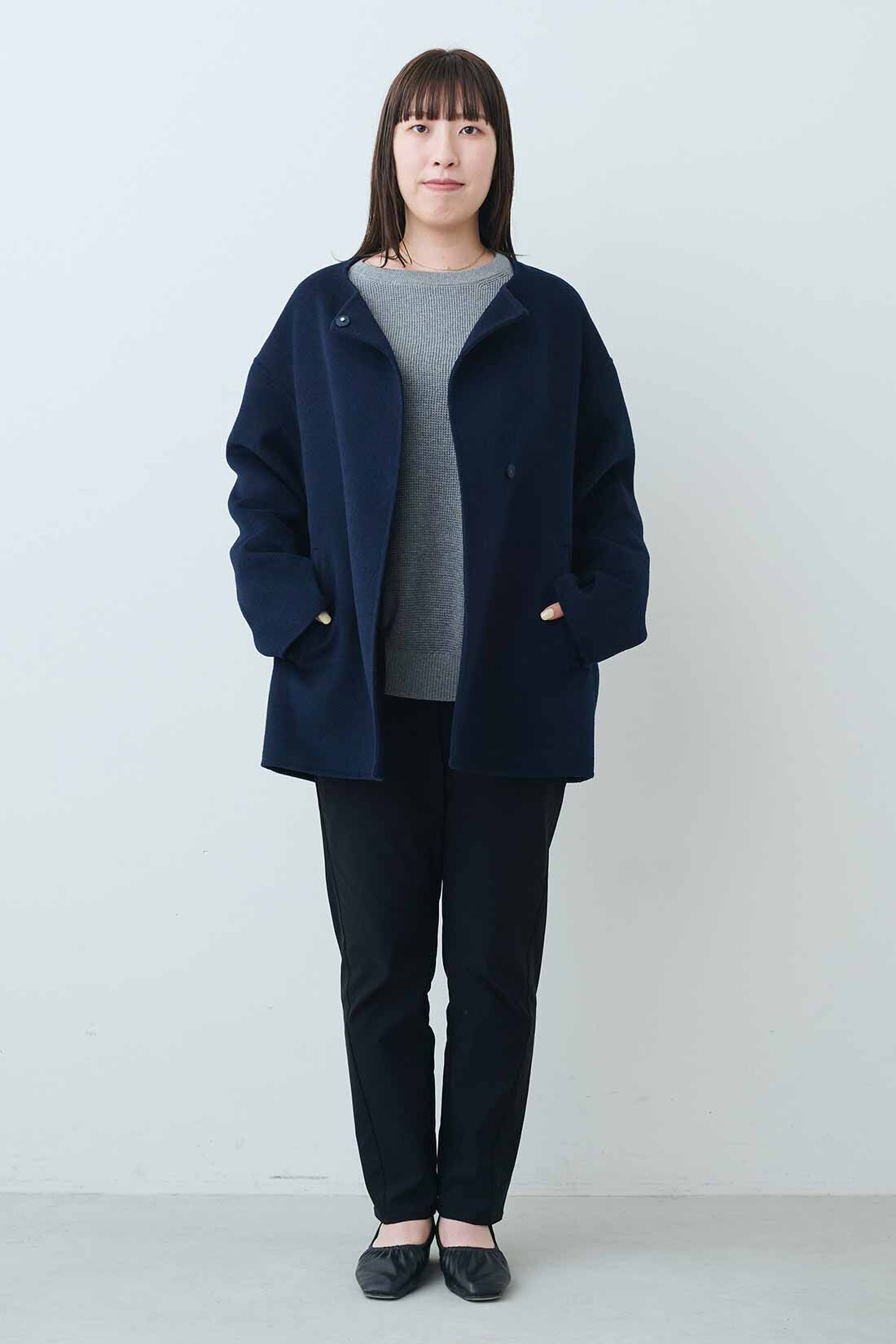 THREE FIFTY STANDARD リバー仕立てのウール混ノーカラーコート