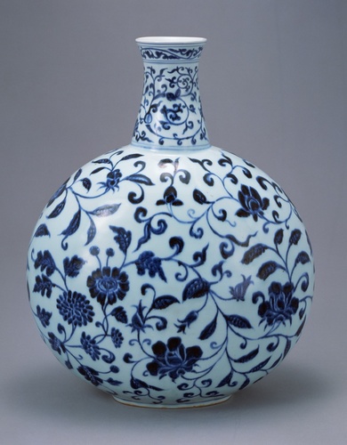 中国美術 青花 湖山清遠 景徳鎮 在銘 花器(K-A389) 中国 景徳鎮製銘 成