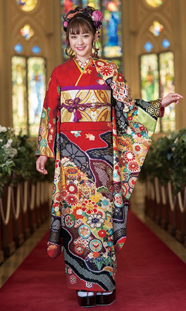 鹿子と桶しぼり友禅振袖/赤┃伝統古典【菊京屋】