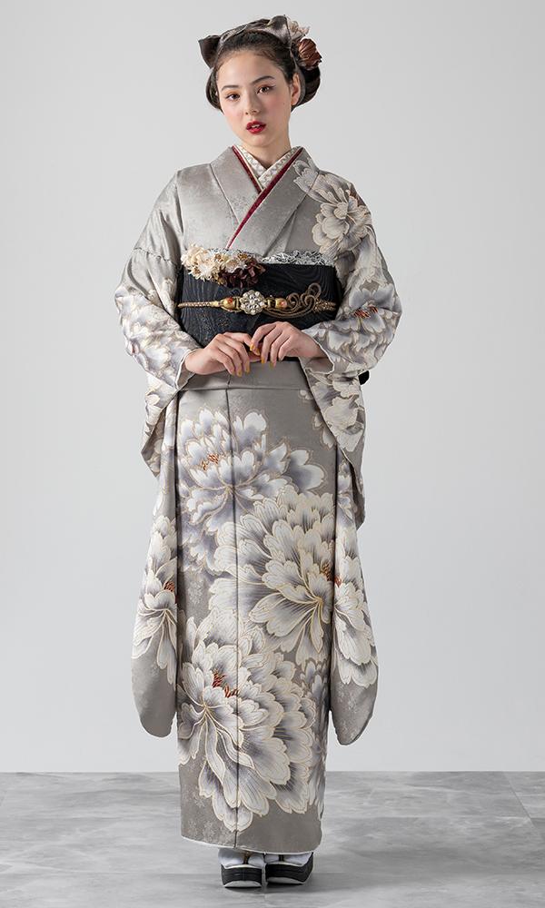 振袖 振り袖 成人式 フルセット 正絹 灰色 グレー 灰茶 絞り 菊 花柄