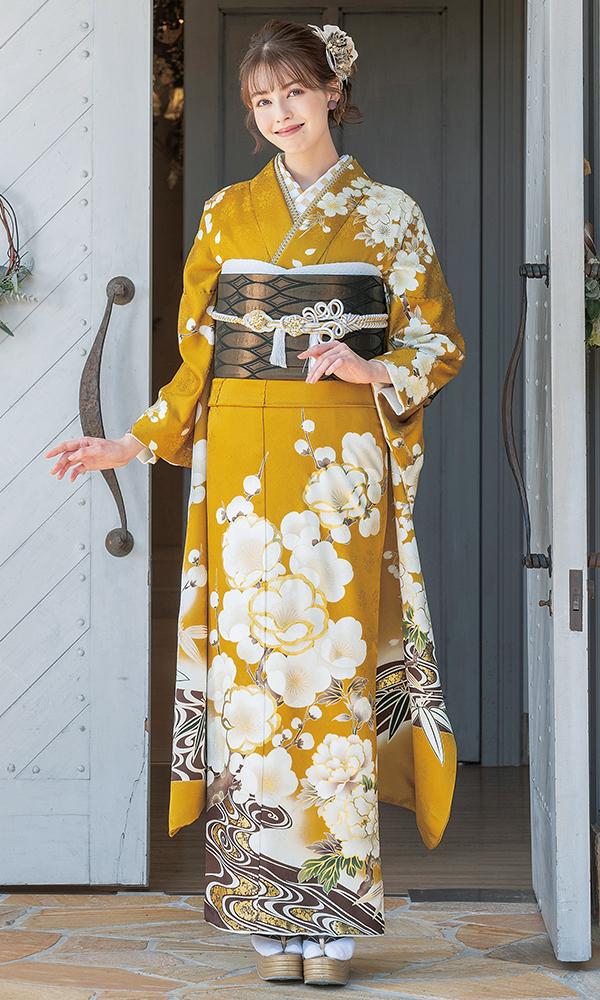 マスタードカラーの白桜｜レトロ&ロマン【菊京屋】振袖レンタル 成人式