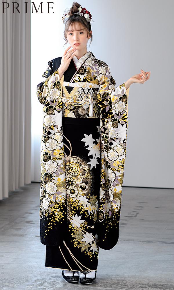 正絹振袖 駒刺繍 紫野 吉祥花文 鶴 金彩 振袖セット 振袖フルセット 黒