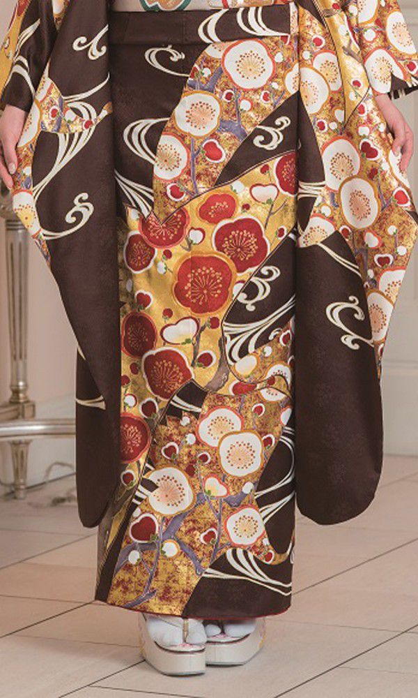 京友禅振袖・茶色・梅文様┃伝統古典【菊京屋】