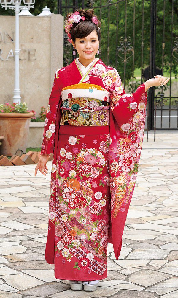 京友禅振袖・赤色・熨斗目柄┃かわいい古典【菊京屋】