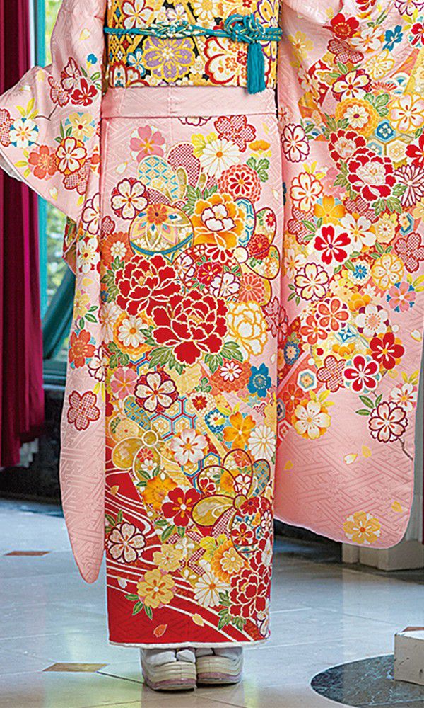 366 振袖フルセット 正絹 くすみ 水色 ピンク 桃 染め分け 金彩 お上品