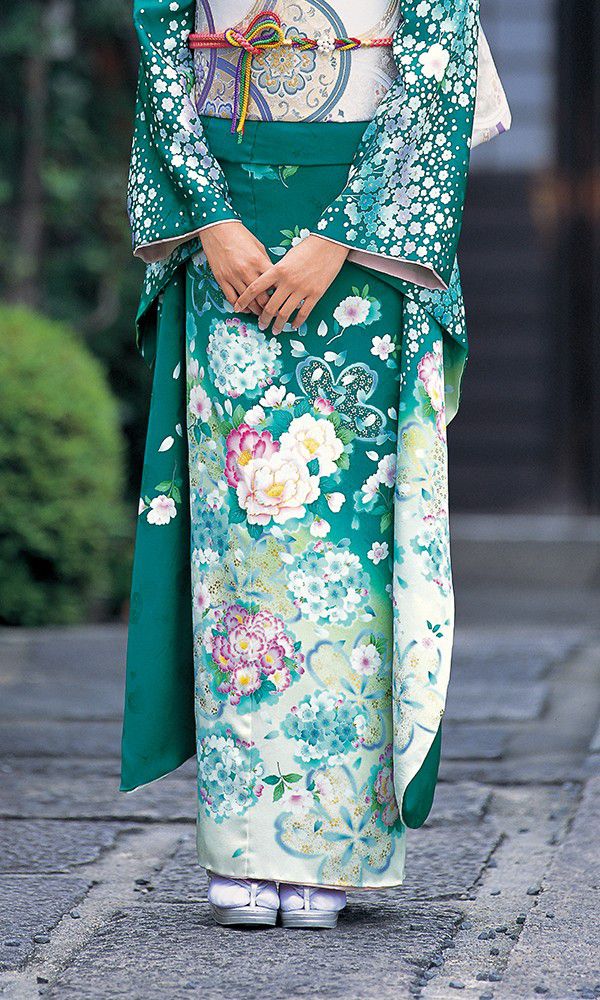 振袖 着物 緑 緑色 グリーン 花柄 結婚式 緑色 花柄 振袖 絹製 着物 緑