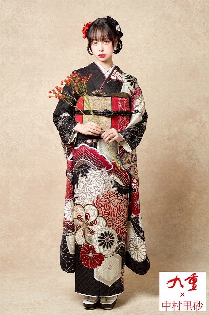 九重×中村里砂振袖ネットレンタル 黒/赤 乱菊柄/ねじり梅/大柄 豪華