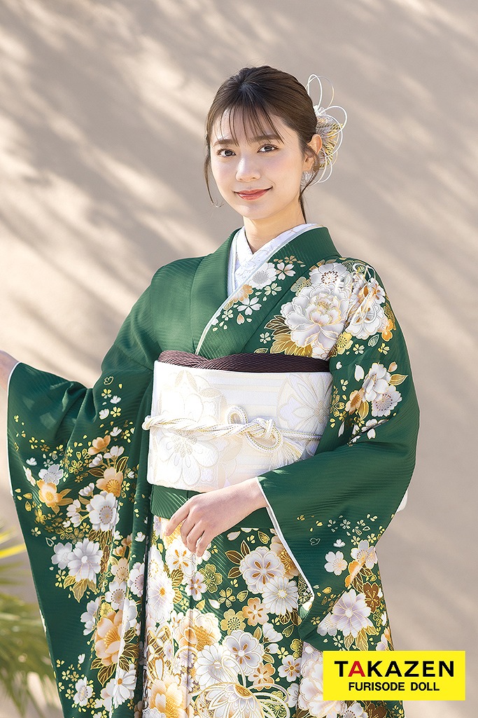 美品 振袖フルセット 緑色 正絹 振袖 成人式 振袖6点セット クロコ黒