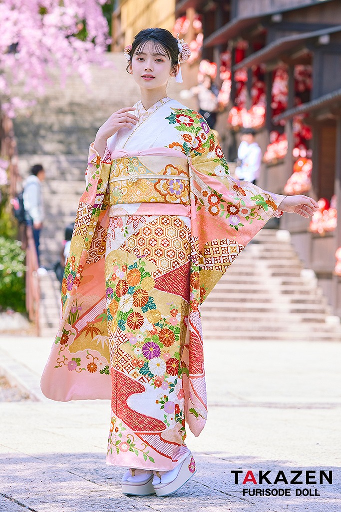 プレミアム古典 吉澤織物/最高級染繍桶絞り友禅 ピンク/白/金 菊柄