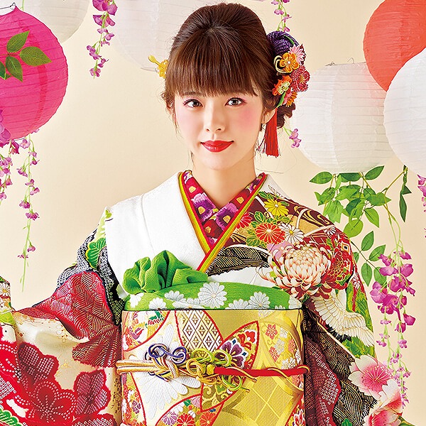 清楚古典重ね衿ネットレンタル オレンジ/黄/赤/紫/黄緑(6種類)｜成⼈式