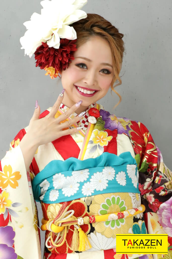 美品】ふりふ振袖＊希少 青と赤のストライプ 花柄 金線あり