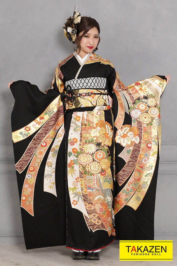 振袖フルセット 振袖 黒 花柄 金色帯 振袖フルセット】黒と金色の花柄振袖