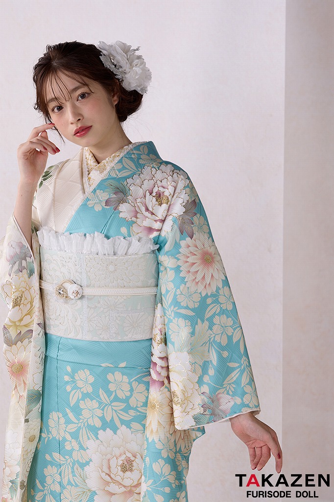 正統派古典 水色/白 牡丹柄/菊柄 かわいい 淡い色 今どき 方身代わり