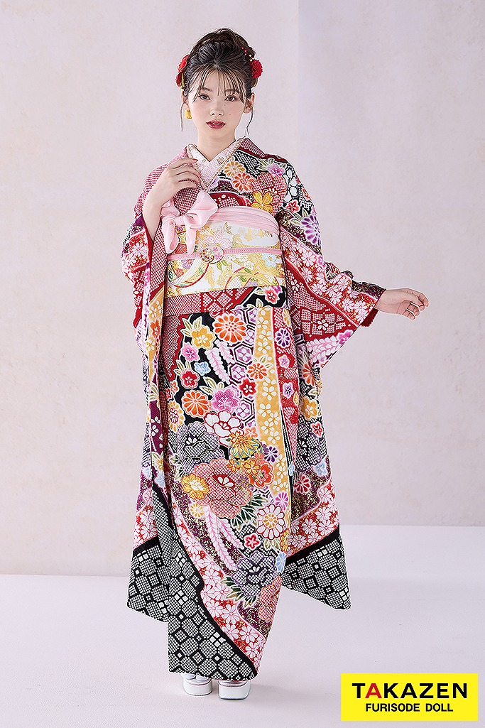 正統派古典 赤/黒 絞り風/毬柄 人気 はんなり 可愛い 高級振袖 金駒繍