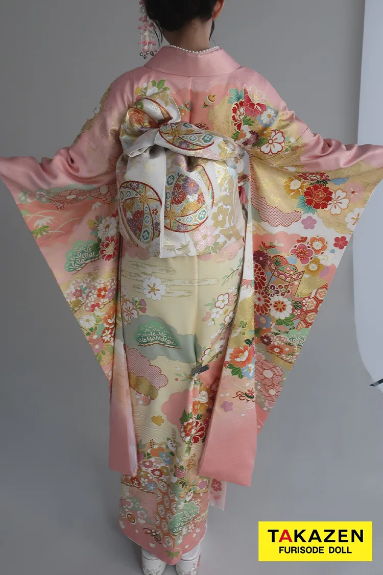 正統派古典柄振袖 吉澤織物/最高級金彩手描友禅 白/ピンク 菊柄/貝桶柄